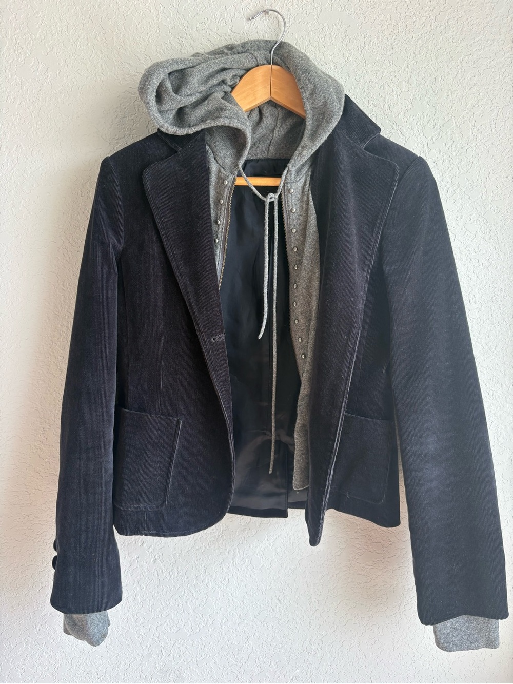 BCBG Max Azria Corduroy Blazer Jacket Wool Cashmere Hooded Layered Jacket M